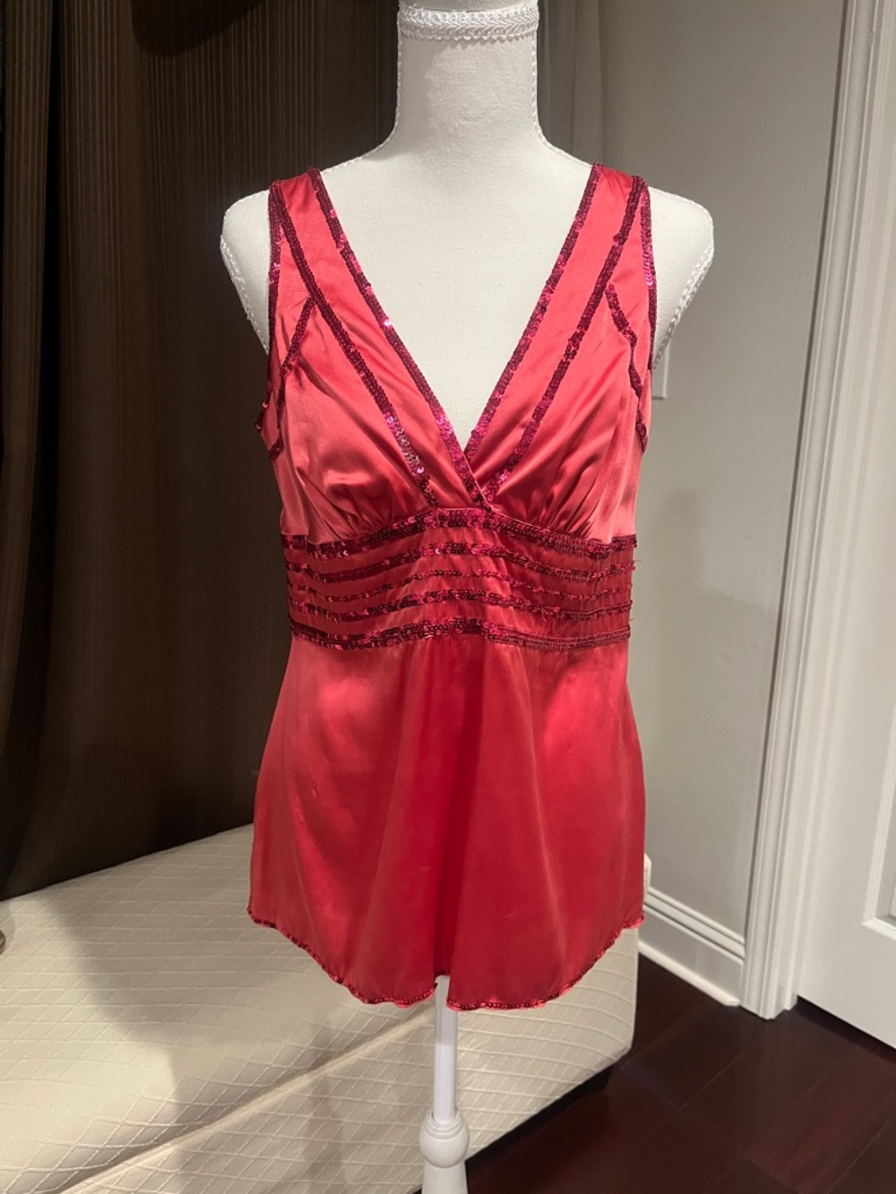 bebe Red Satin Beaded V-Neck Camisole